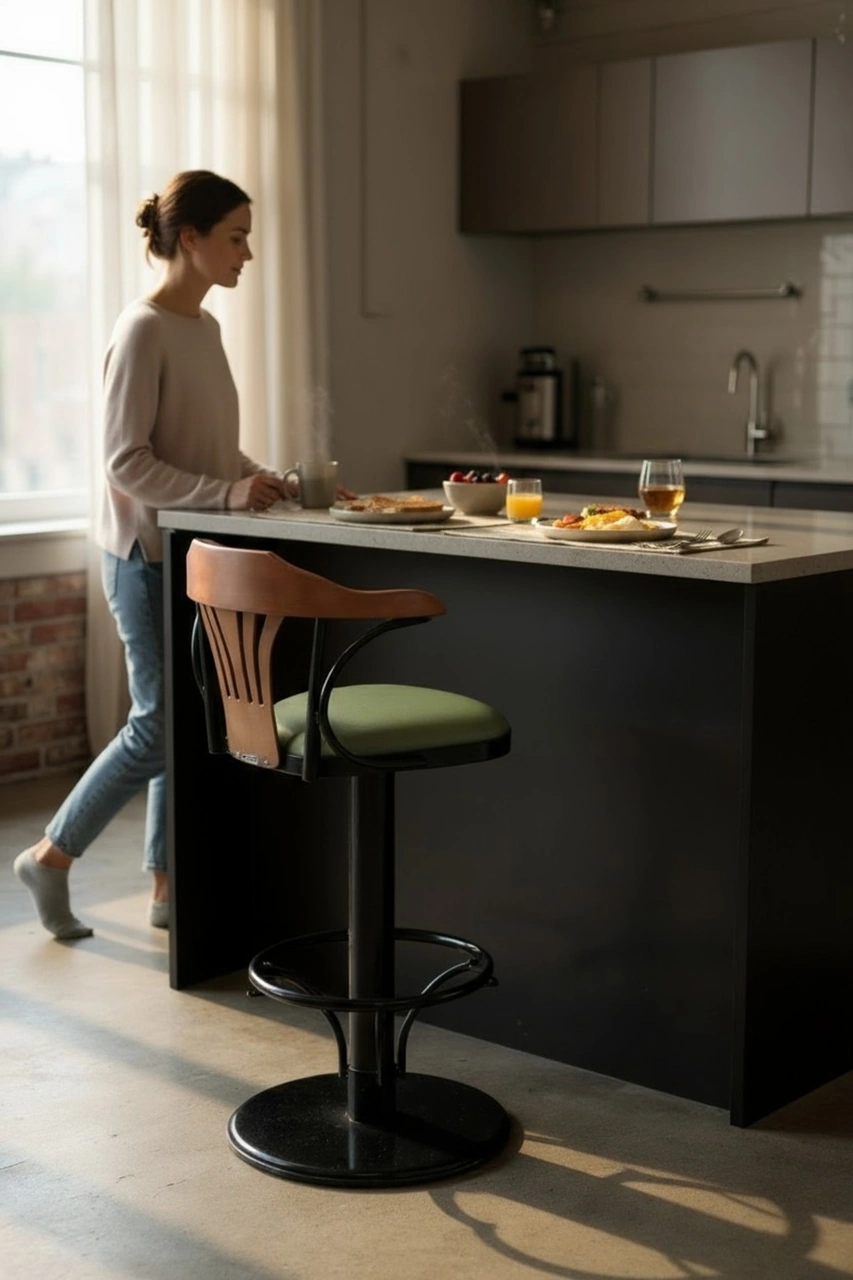 Dengema T168/75 Dönerli Bar Sandalyesi Yeşil Deri Oturum, İnegöl Ceviz Sırt 75 Cm Yükseklik Yeşil - Ceviz