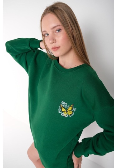Modagen Kadın Yeşil Kelebek Baskılı Bisiklet Yaka Oversize Sweatshirt Yeşil