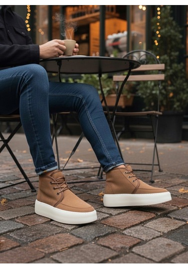 Ba0550 İçi Kürklü Bağcıklı Taba Krem Taban Erkek Tarz Spor Bot Taba