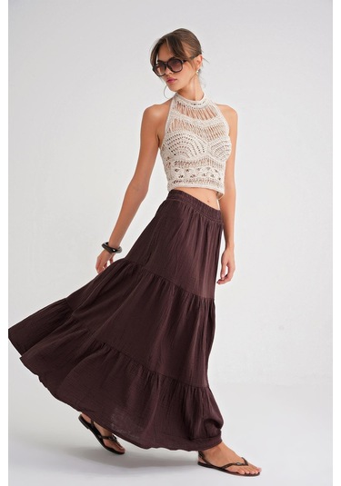 4567 Kadın Fırfırlı Uzun Müslin Etek Kahve Kahve