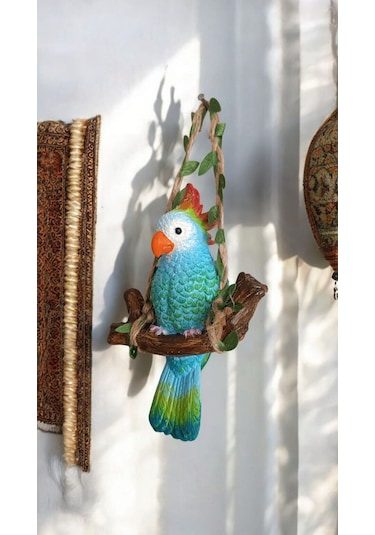 2 Adet Dekoratif Sallanan Duvar Ve Bahçe Süsü Papağan Mavi-yeşil