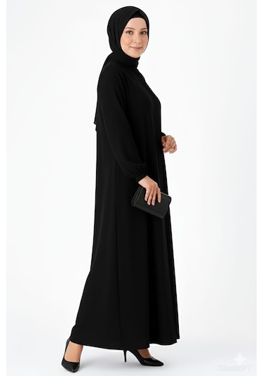 Medine İpeği Mevlana Kesim Cepli Kuşaklı Bol Ferace 4000-siyah Siyah