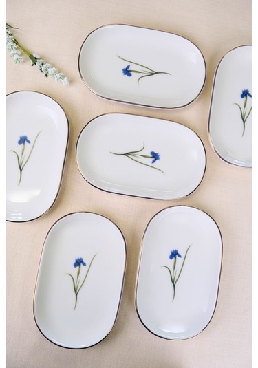Tabak Evi Porselen Natura İris Altın Yaldızlı Oval Kayık Tabak 22,50x14,50x2,50cm 6 Lı Çok Renkli