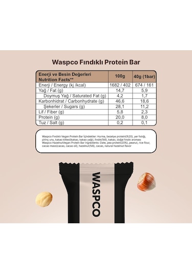Waspco Fındıklı Vegan Bar 40g x 12 Adet