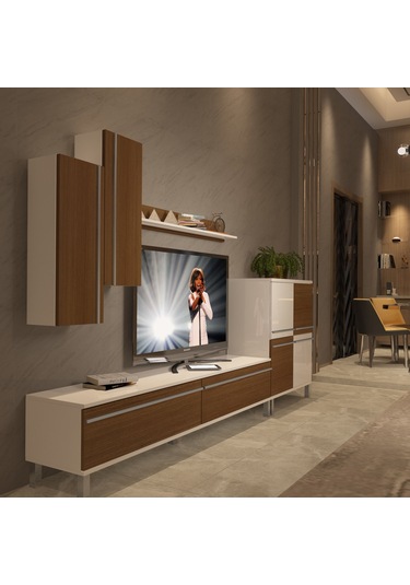 Decoraktiv Eko 6 Mdf Std Krom Ayaklı Tv Ünitesi Tv Sehpası Beyaz - Ceviz