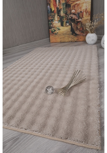 Dekoratif Bubble Uzun Tüylü Yumuşak Puffy Peluş Kaymaz Yıkanabilir Salon Koridor Halı Yolluk Bej