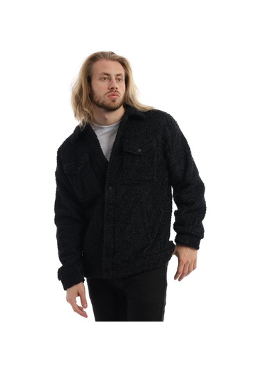 Erkek Kıvırcık Peluş Cıt Cıt Kapamalı Ceket Siyah