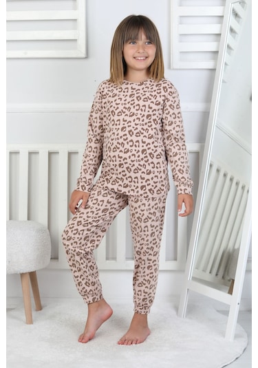 Minik Uyku Avcısı - Vahşi Rahatlık Serisi Leopar Desenli Kız Çocuk Pijama Takımı Kahverengi