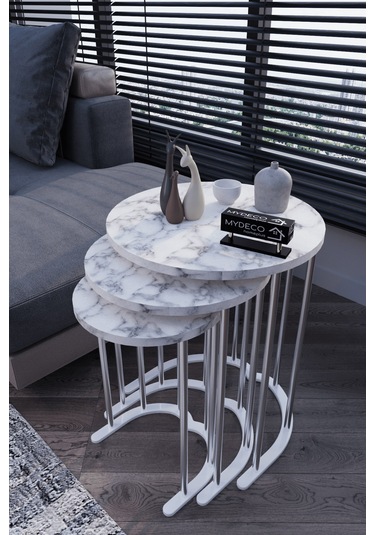 3' Lü Zigon Sehpa Gümüş Ayak Beyaz Mermer Desen 18 Mm Mdf Gümüş - Beyaz Mermer