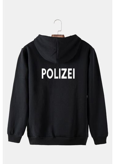 Unisex Siyah Kapüşonlu Arkası Polizei Baskılı Slim Fit Kanguru Cepli Sweatshirt Siyah