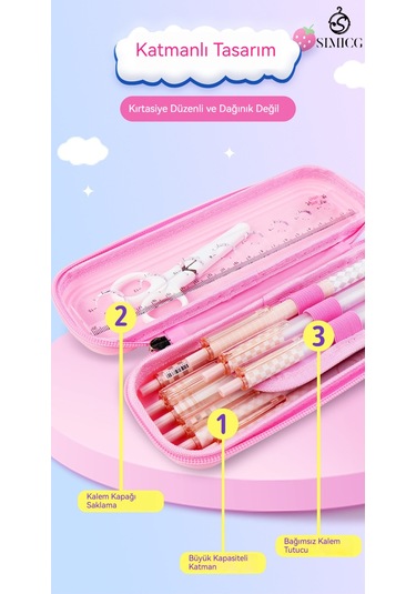 Karikatür Büyük Kapasiteli Su Geçirmez Çift Katmanlı Plastik Kalem Kutusu Pembe