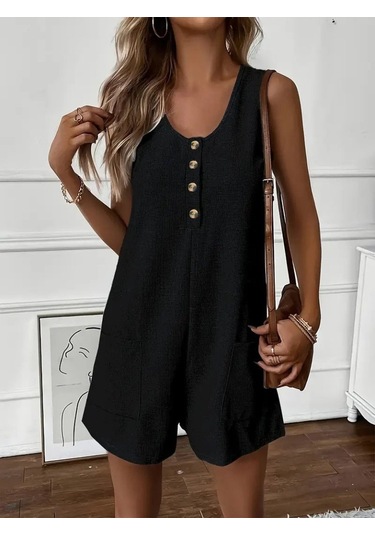 The İstanbul Kadın Askılı Yuvarlak Yaka Düğmeli Waffle Kısa Tulum Siyah