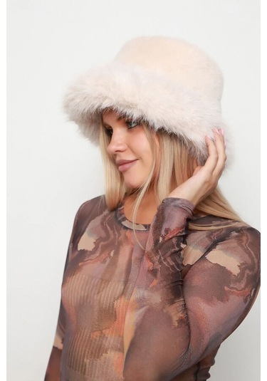 Kadın Peluş Bucket Kalpak Şapka 1143 Rkş-14 Bej Bej