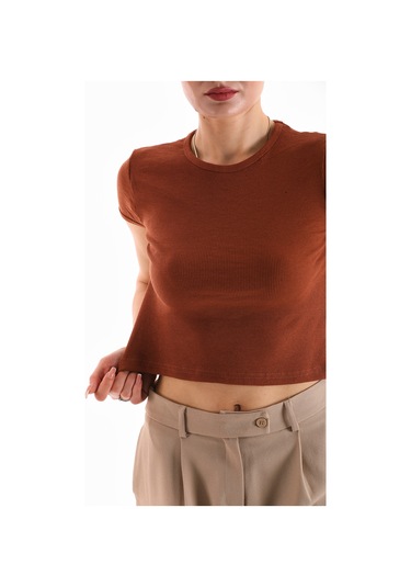 Kadın Likralı Kısa Kol Crop Bluz Kahve