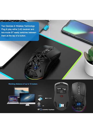 Mufunye Hxsj T26 Kablosuz Oyun Faresi: 4800dpı, Rgb Aydınlatma, 7 Tuş, Uzun Pil Ömrü, Bt5.1 Ve 2.4g Çift Mod 001