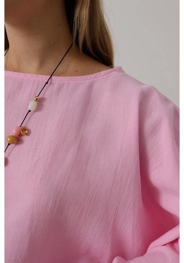 Yarasa Kollu Crop Bluz - Pembe Pembe