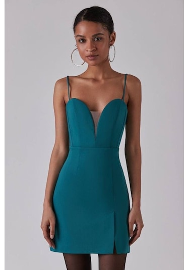 Supplierby Kadın Derin V Yaka Sırt Dekolteli Fırsat Ürün Mini Elbise Yeşil