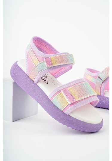 Muggo Cruz Garantili Günlük Ortopedik Hafif Taban Simli Ve Cırtlı Kız Çocuk Sandalet Mor