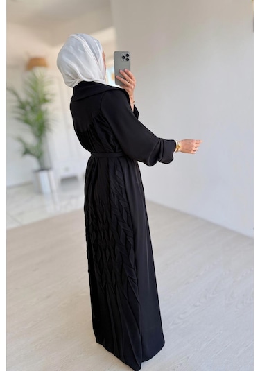 Sırt Detay Dökümlü Abaya - Siyah Siyah