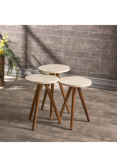 Zigon Sehpa Ve Orta Sehpa Set Ahşap Torna Elips Krem
