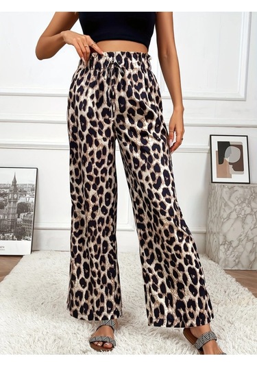 Soonaksesuar Kadın Yüksek Bel Beli Lastikli Bağcıklı Leopar Desenli Süprem Pantolon Çok Renkli