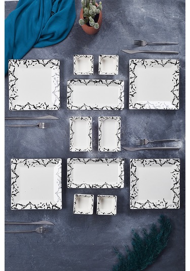Piatti Naturali 12 Parça 4 Kişilik Mermer Kahvaltı Takımı Handmade Sunum Set Siyah