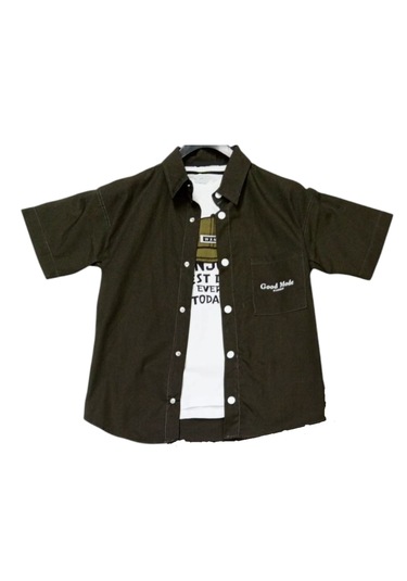 Erkek Çocuk Paraşüt Kumaş Çıtçıt Kapamalı Tişörtlü Haki Renk Gömlek Tişört Takımı Haki