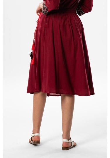 Talya Şile Bezi Püskül Detay Nakışlı Midi Boy Yazlık Etek Bordo Brd-bordo Bordo