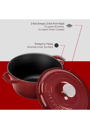 Lava Döküm Yuvarlak Tencere Döküm Demir Kapak New Heritage Serisi Çap Ø 26cm.-bordo Bordo