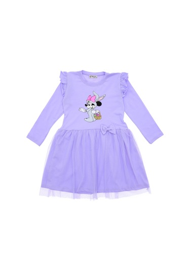 Kız Çocuk Elbise Taşlı Baskılı Lila