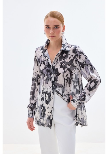 Sateen Desenli Düz Kesim Gömlek - Siyah-136802 Siyah