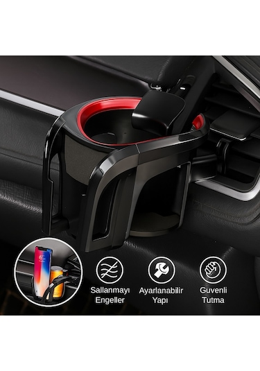 Polham Araç Telefon Ve Bardak Tutucu Sallanmayı Engeller, Ayarlanabilir Yapı, Havalandırma Izgarası Montajlı