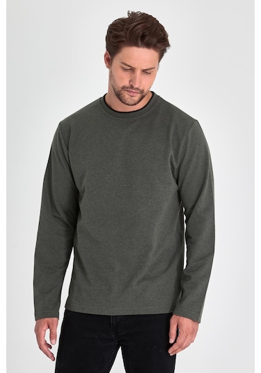 MMetalic Çift Bisiklet Yaka Standart Rahat Kesim Erkek Sweatshirt Haki Antrasit MMetalic Çift Bisiklet Yaka Standart Rahat Kesim Erkek Sweatshirt Haki Antrasit
