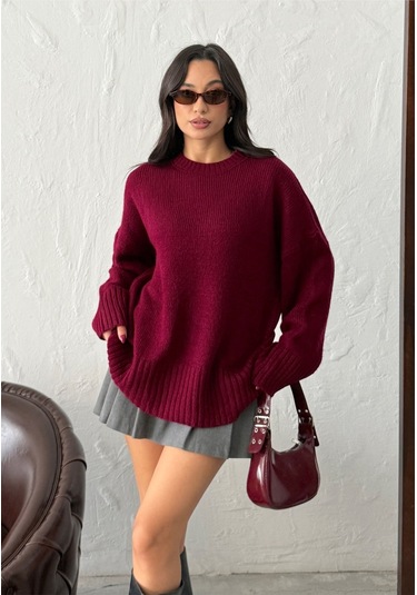 Kadın Yumuşak Dokulu Bisiklet Yaka Oversize Basic Triko Kazak Bordo