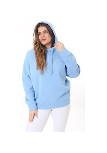 Kadın Büyük Beden Bebe Mavisi İçi Şardonlu 3 İplik Kumaş Kapşonlu Sweatshirt 65n37575-bebe Mavisi Bebek Mavisi