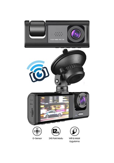 Araç İçi Wi-fi Güvenli Sürüş Kamerası Shd Ön İç 2 Kameralı G-sensör Mobil Uygulama İle Kolay İzleme