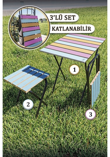 Bino Yükseklik Ayarlı Ahşap Bistro Set Kamp Masası Taburesi 3'lü Set Çok Renkli