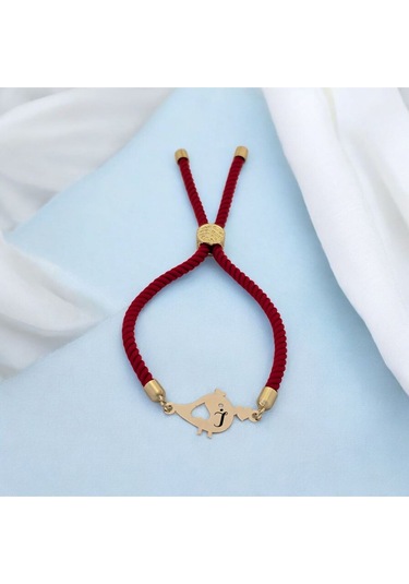 Archin İ Harfine Özel Kırmızı Örgülü 14 Ayar Altın Plakalı Minik Kuş Motifli Hediye Bileklik-363harf İ