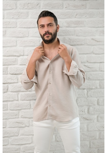 Regular Fit Yaka Düğmeli Yazlık Modal Kumaş Erkek Gömlek Krem