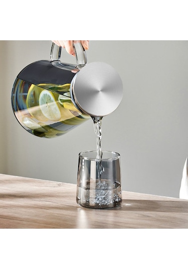 Qerhome Borosilikat Cam Metal Kapaklı Lüks Sürahi 1900 Ml Füme