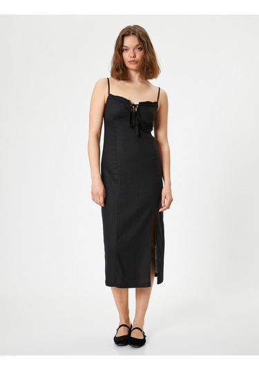 Koton Uzun Elbise Keten Karışımlı Askılı Yırtmaçlı Önü Bağlamalı Siyah 4sal80043ıw Siyah