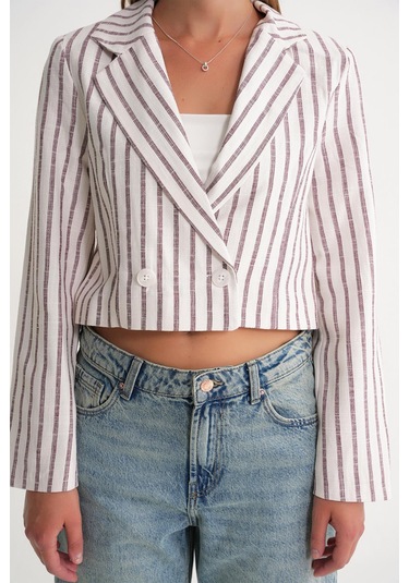4641 Kadın Keten Çizgili Crop Ceket Bordo Bordo