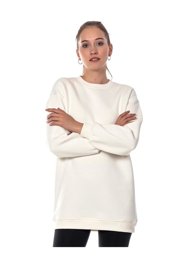 Caya Kadın Ekru Renk Uzun Kesim Basic Örme Sweatshirt Cy84197 Beyaz Beyaz