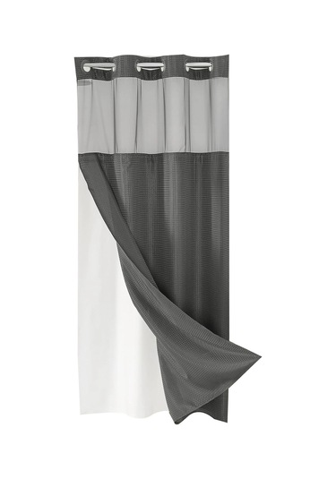 Kancasız Waffle Dokuma Duş Perdesi Çıtçıtlı Kumaş Astar Seti, B Diğer