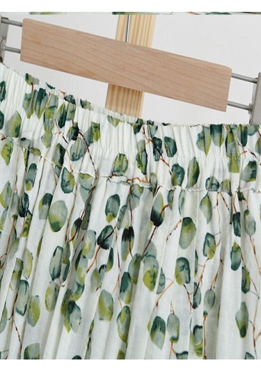 Qooth İlkbahar Yaz Kadın Yüksek Belli Çiçek Baskılı Etekler Elastik Bel Zarif Rahat Keten Pamuk Midi Yeşil Etekler Qt1712 Yeşil