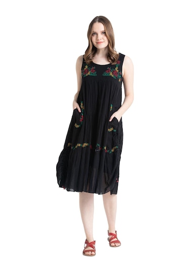 Kolsuz Vual Ahsen Nakışlı Midi Boy Elbise Siyah Syh-siyah