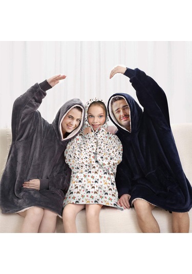 Corgi Desenli Çocuk Giyilebilir Battaniye Hoodie, 6-13 Yaş, Kalın-a2 Corgi Floral White