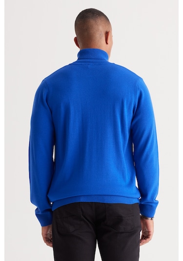 AC&Co / Altınyıldız Classics Erkek Saks Mavi Standart Fit Tüylenme Yapmayan Tam Balıkçı Yaka Triko Kazak 4A4922100004SKSS Mavi