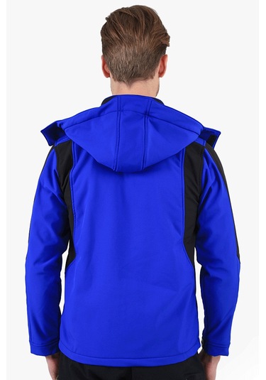 Çift Renkli Kapüşonlu Softshell Mont Saks Mavi - Siyah