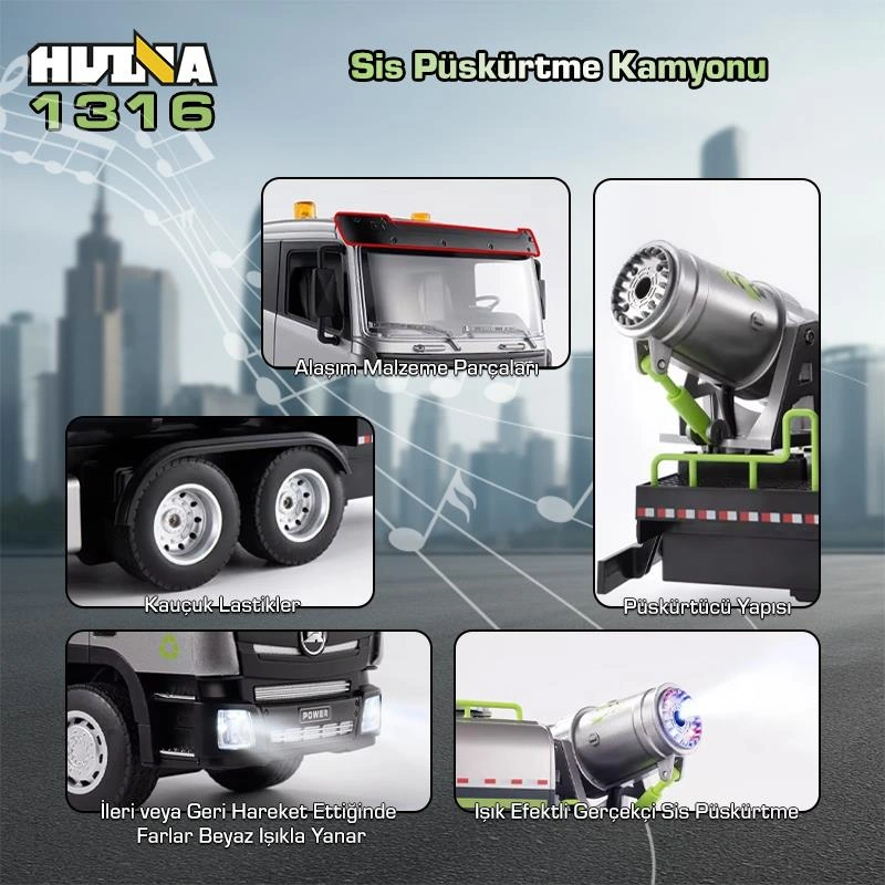 Huına 1316 1/18 Rc Sis Püskürtme Kamyonu İş Makinesi Uzaktan Kumandalı Rc Model - 2.4ghz Gerçekçi Similasyon Ses Ve Işık Sistemi